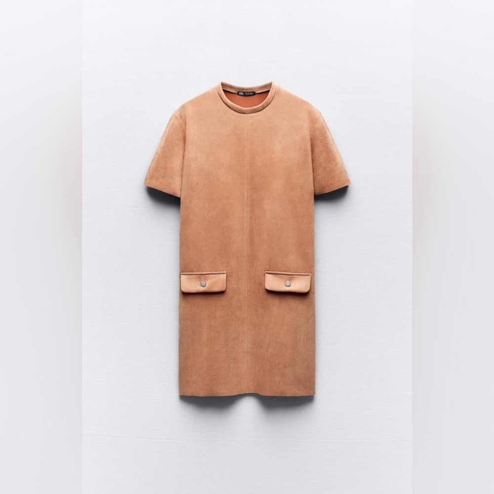 NWT Zara Pink Faux Suede Mod Shift Dress with Rhinestone Pocket Buttons